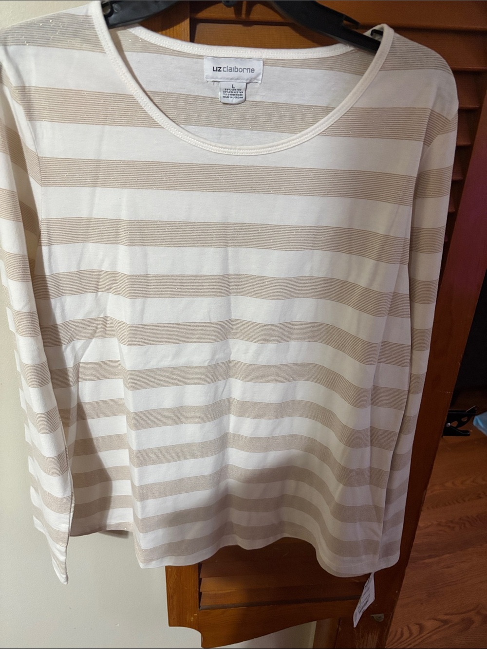Liz Claiborne Cream and Beige Striped Long Sleeve Tee Top